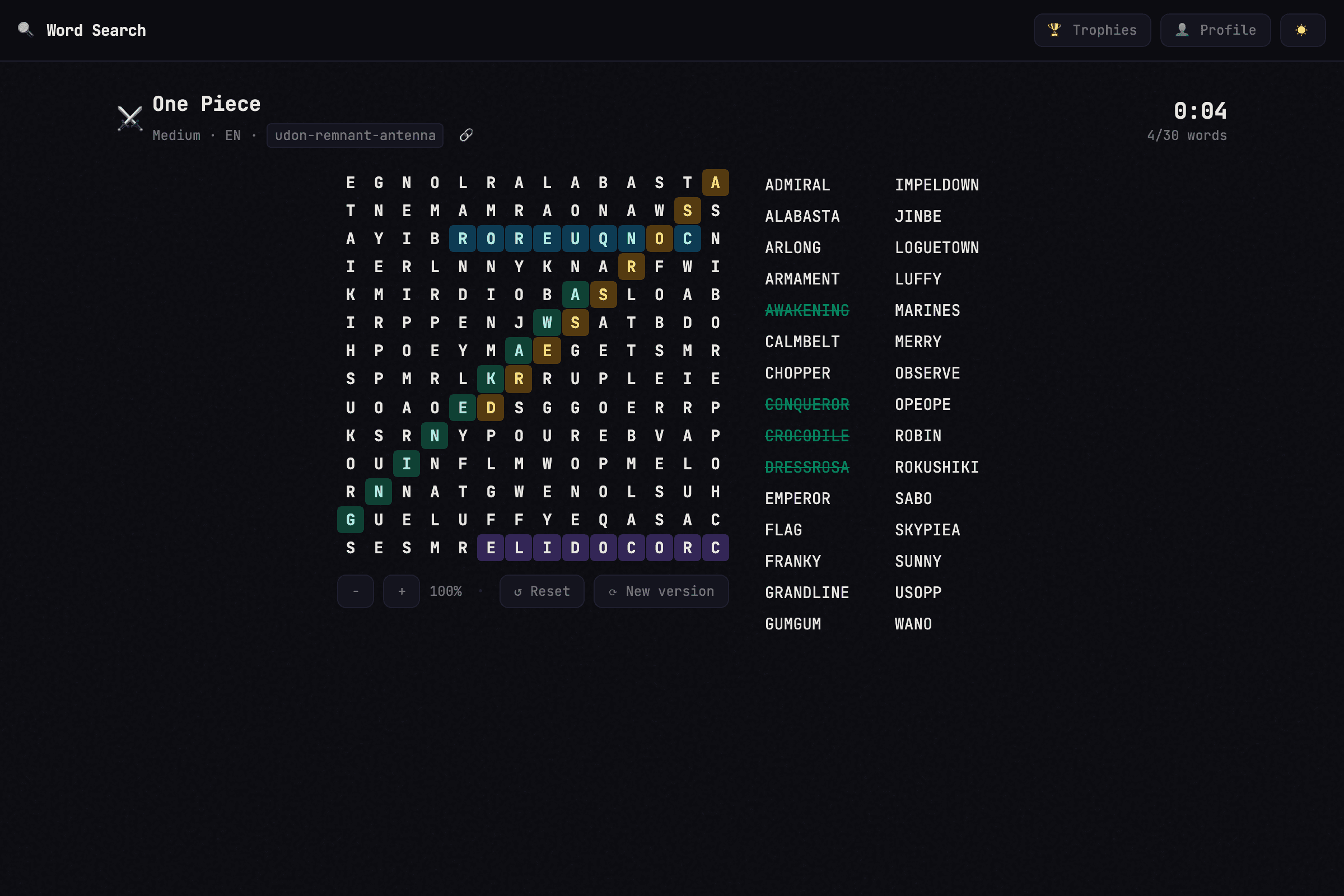 Word Search mid-game: the One Piece theme with four words found in a 14 by 14 grid
